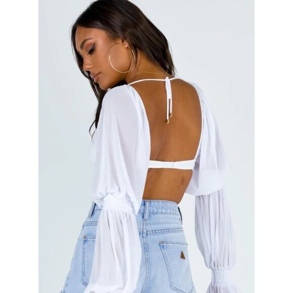 Princess Polly White Long Sleeve Open Back Crop Top  Tie Detail & Puff Sleeve S - Picture 2 of 11